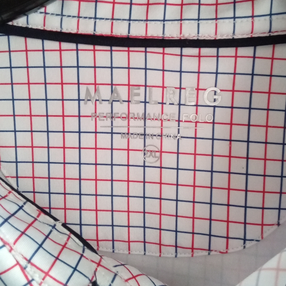 MAELREG Performance Polo Shirt Mens 2XL‎ Red Blue Grid Golf Casual Short Sleeve